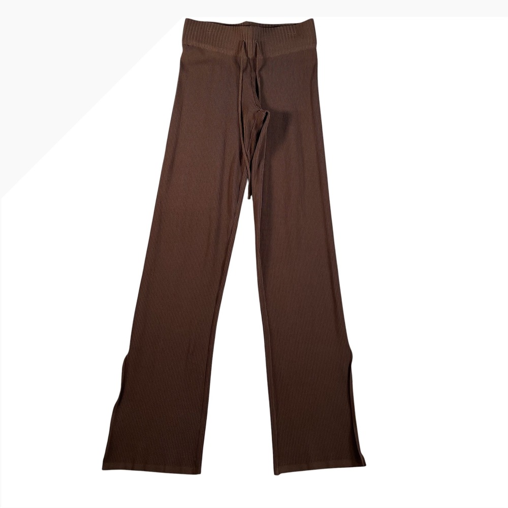 I.AM.GIA Brown Ribbed Knit Flare Pants Side Slit Small Drawstring High Rise
